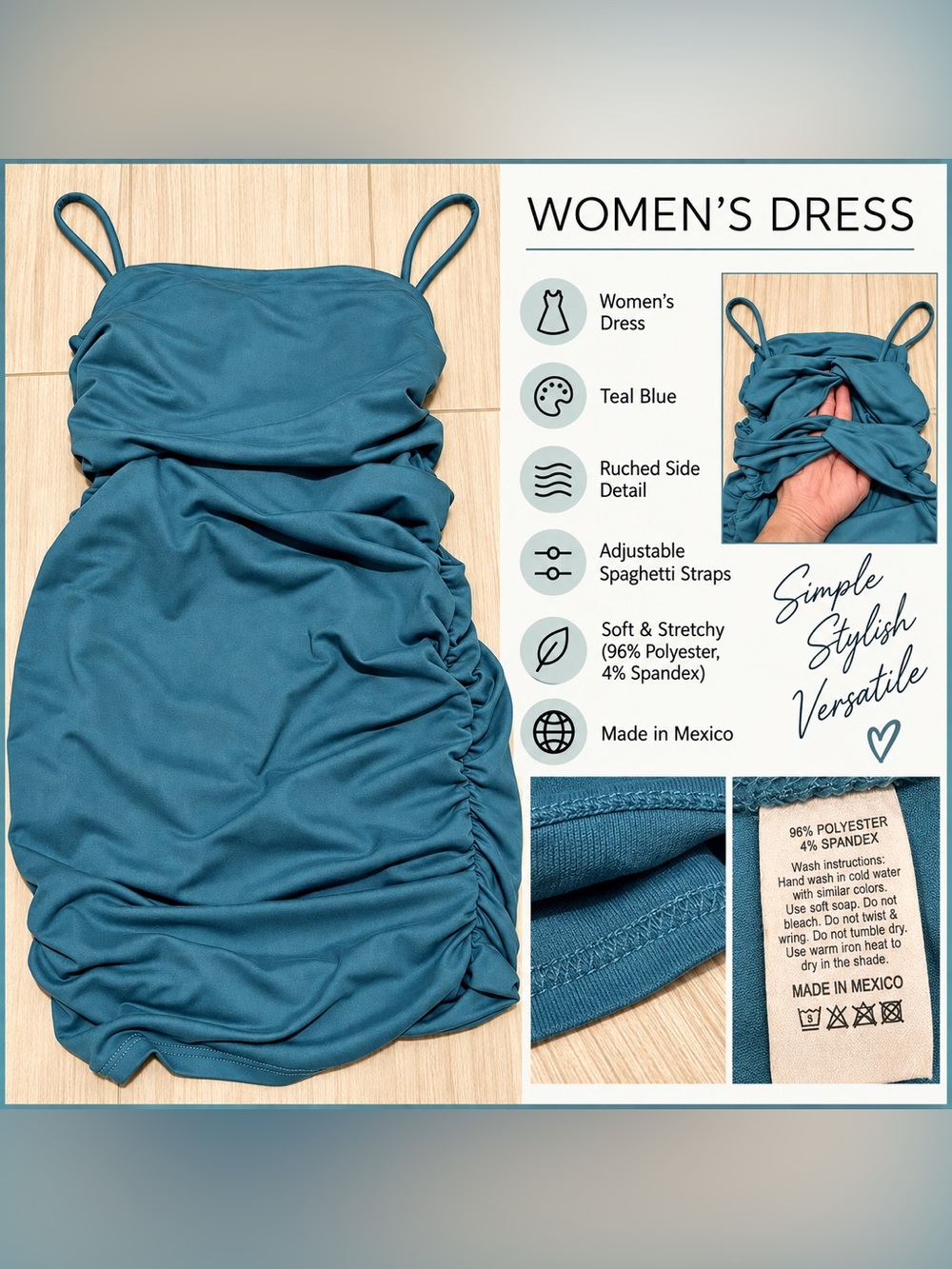 Windsor Teal Blue Ruched Spaghetti- Strap Mini Dress